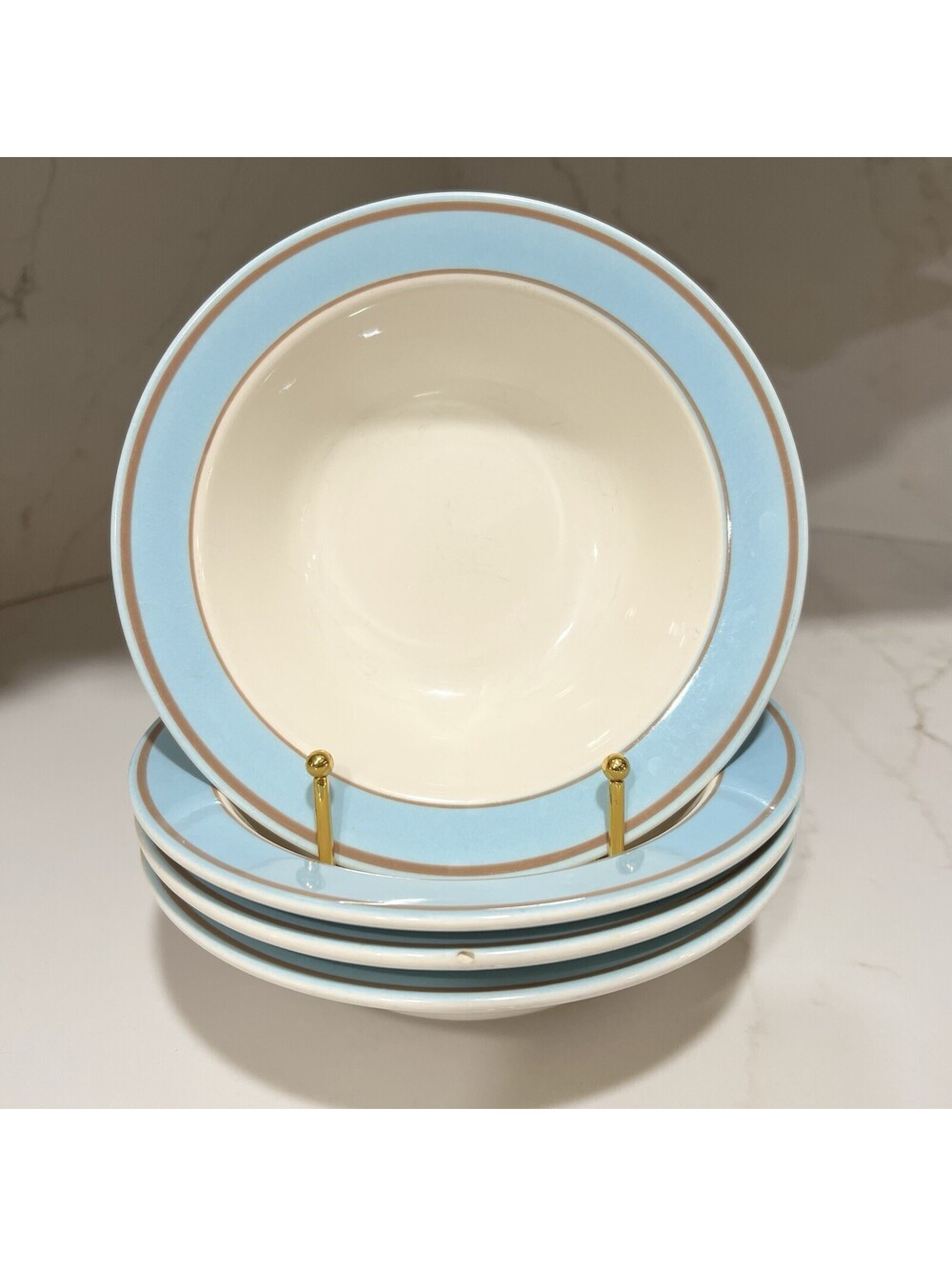 4 Homer Laughlin Eggshell Cavalier Solitude Rim Soup Bowls HLC Ironstone Blue